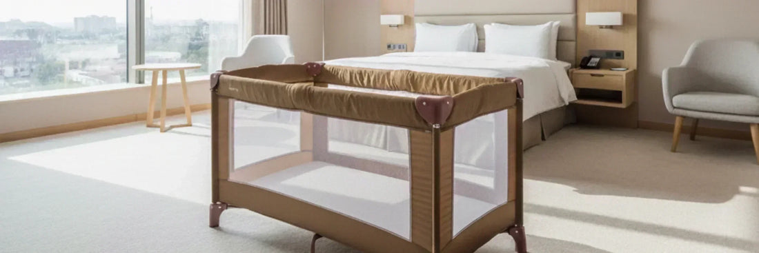 Portacot set up in a hotel room