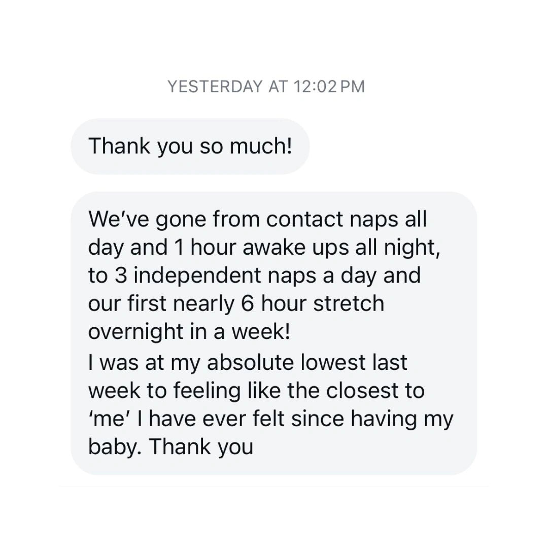 Review, client shares how the Newborn Sleep Guide helped her newborn stop their hourly waking and start sleeping 6 hour stretches and taking independent naps in their bassinet 