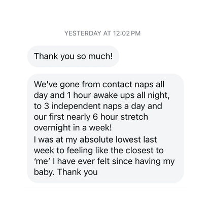 Review, client shares how the Newborn Sleep Guide helped her newborn stop their hourly waking and start sleeping 6 hour stretches and taking independent naps in their bassinet 