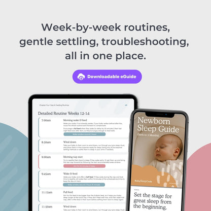 Ebook and phone screens showing newborn sleep guide snippets. Week-by-week routines, gentle settling, troubleshooting, all in one place